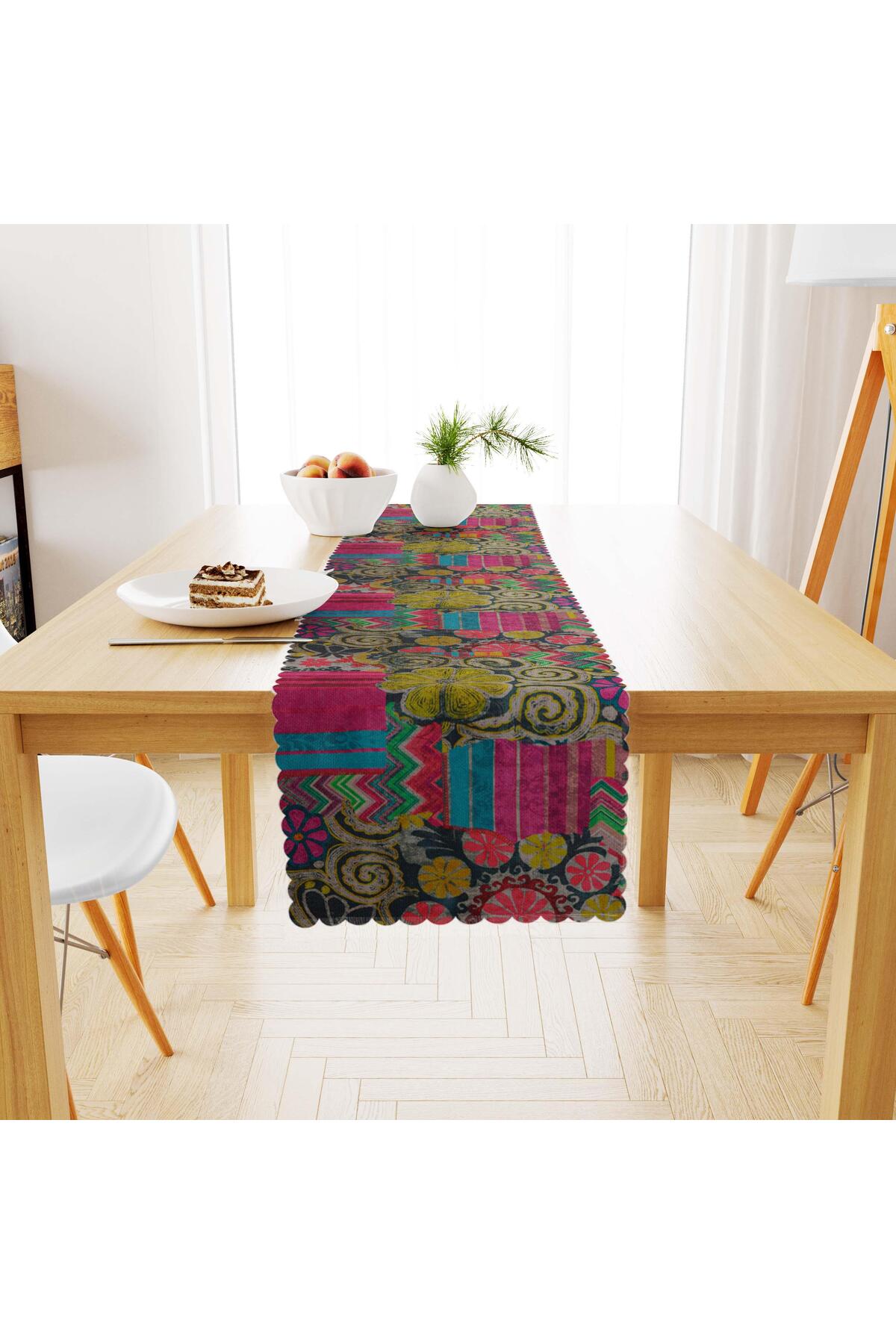 Geometrik Desenli Renkli Fuşya Sarı Dijital Baskılı Süet Dokuma Runner 40x140