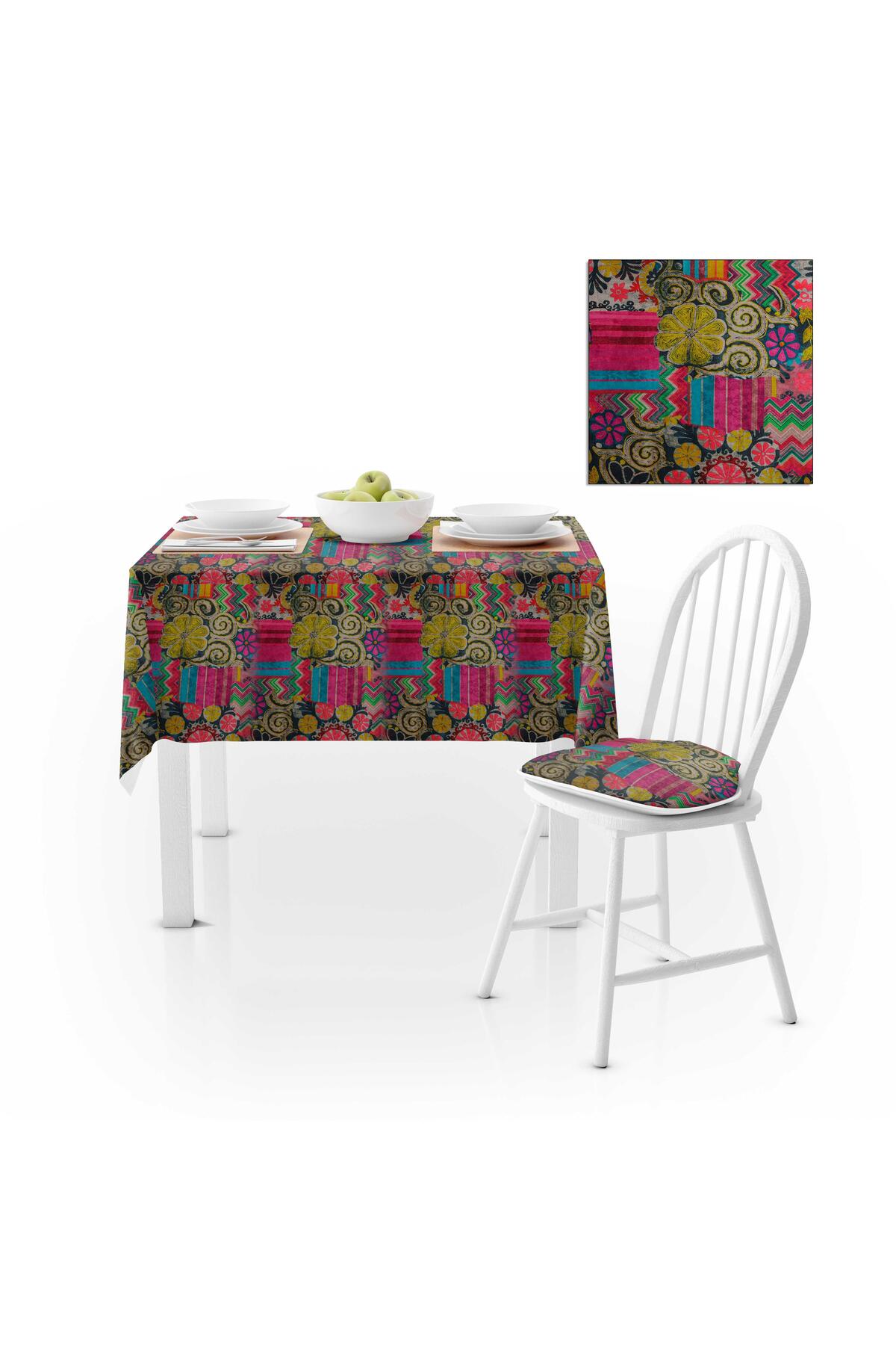 Geometrik Desenli Renkli Fuşya Sarı Dijital Baskılı Süet Dokuma Runner Masa Örtüsü 140x260