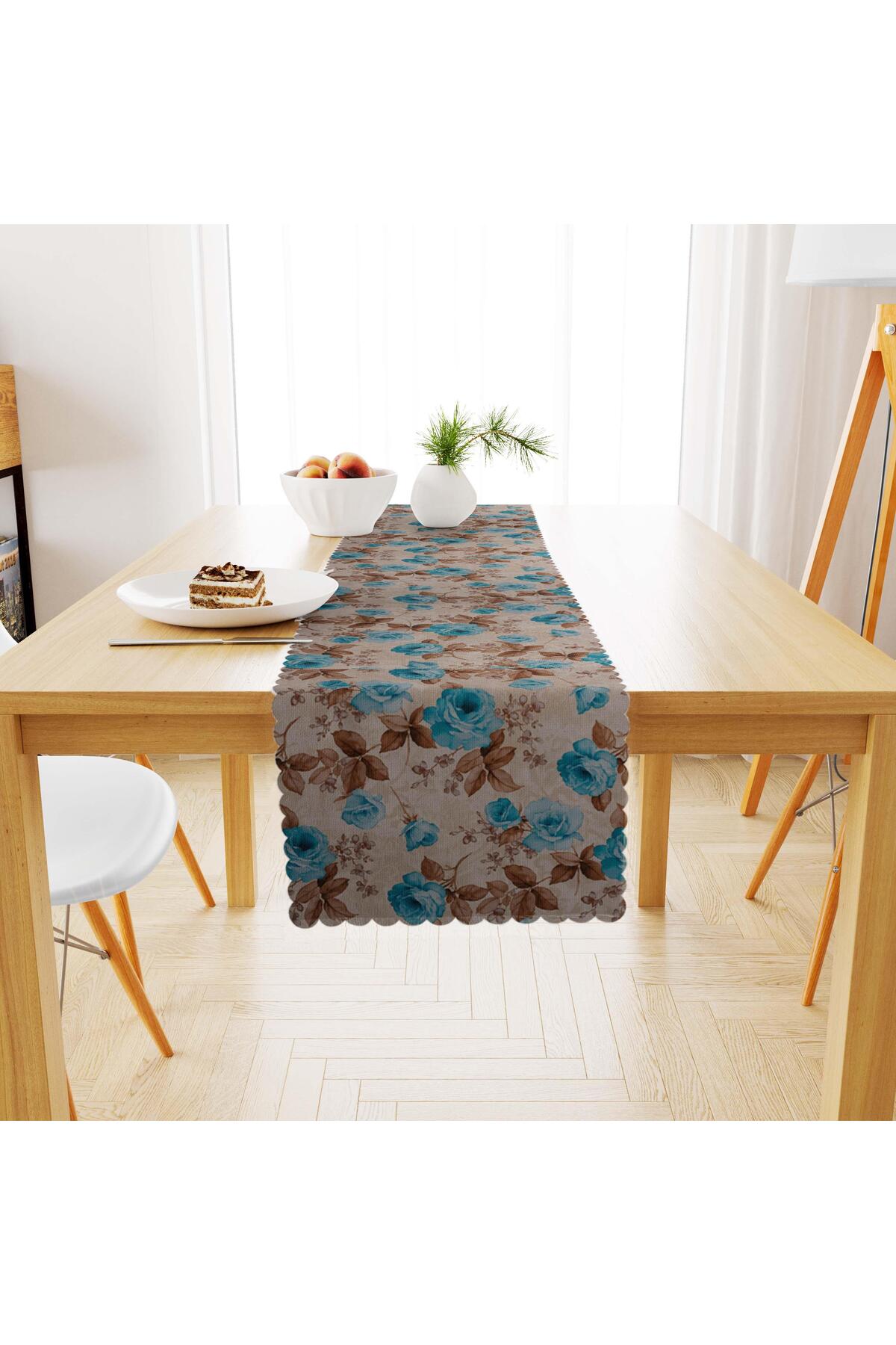 Gül Desenli Çikolata Yapraklı Krem Turkuaz Dijital Baskılı Süet Dokuma Runner 40x140