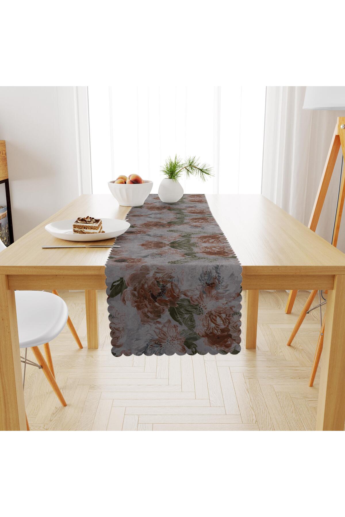 Gül Desenli Kahverengi Yeşil Dijital Baskılı Petek Dokuma Runner 40x140
