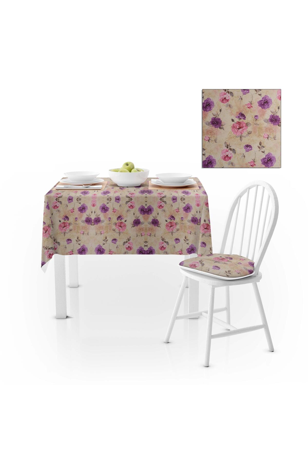 Gül Desenli Pembe Mor Dijital Baskılı Süet Dokuma Masa Örtüsü 140x140