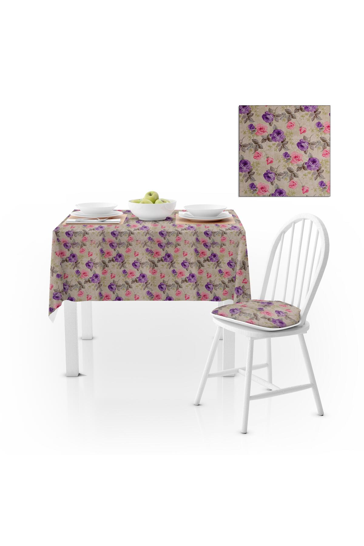 Gül Desenli Pembe Mor Dijital Baskılı Süet Dokuma Masa Örtüsü 140x220