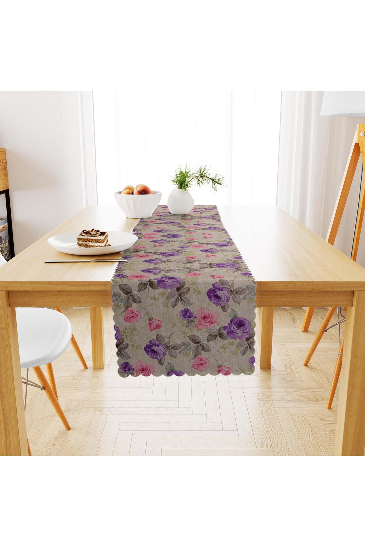 Gül Desenli Pembe Mor Dijital Baskılı Süet Dokuma Runner 40x140