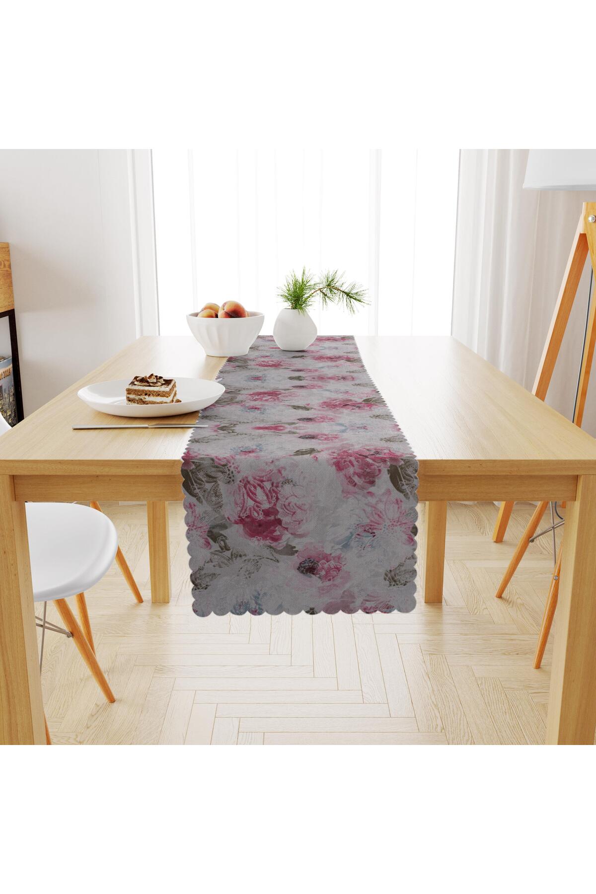 Gül Desenli Pembe Vizon Dijital Baskılı Petek Dokuma Runner 40x140