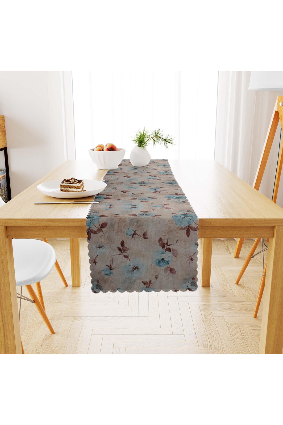 Gül Desenli Turkuaz Kahve Dijital Baskılı Süet Dokuma Runner 40x140
