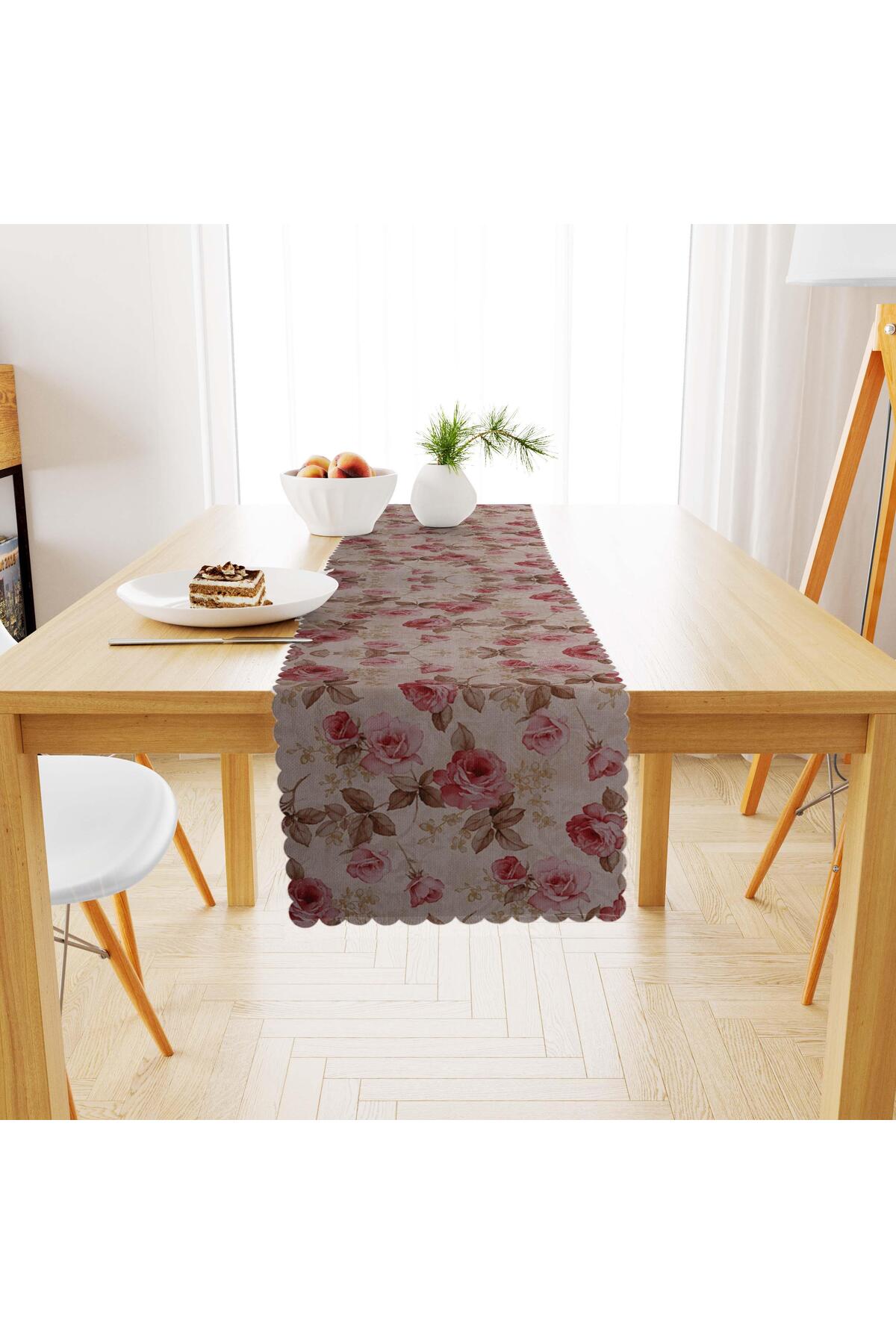 Gül Desenli Vizon Yapraklı Pembe Dijital Baskılı Süet Dokuma Runner 40x140