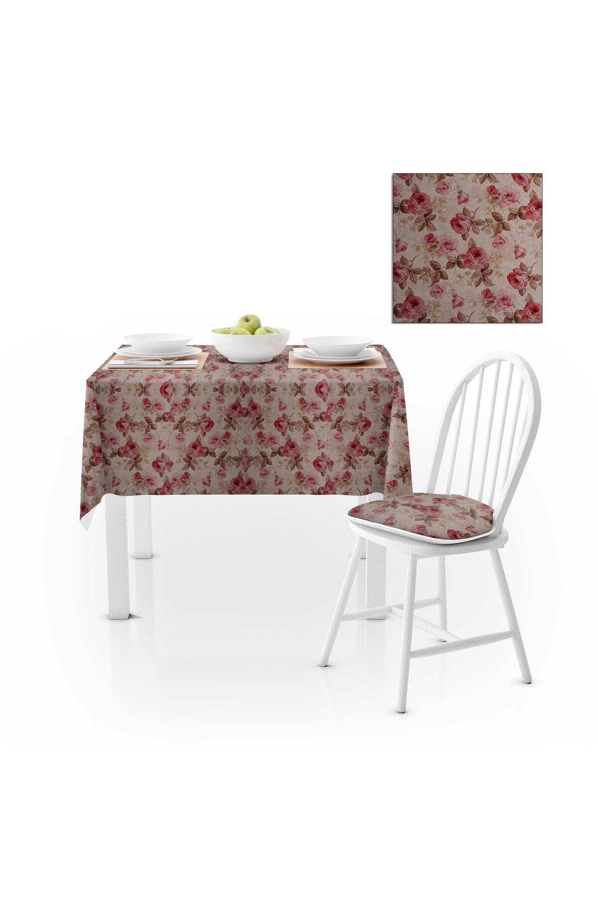 Gül Desenli Vizon Yapraklı Pembe Dijital Baskılı Süet Dokuma Runner Masa Örtüsü 140x140