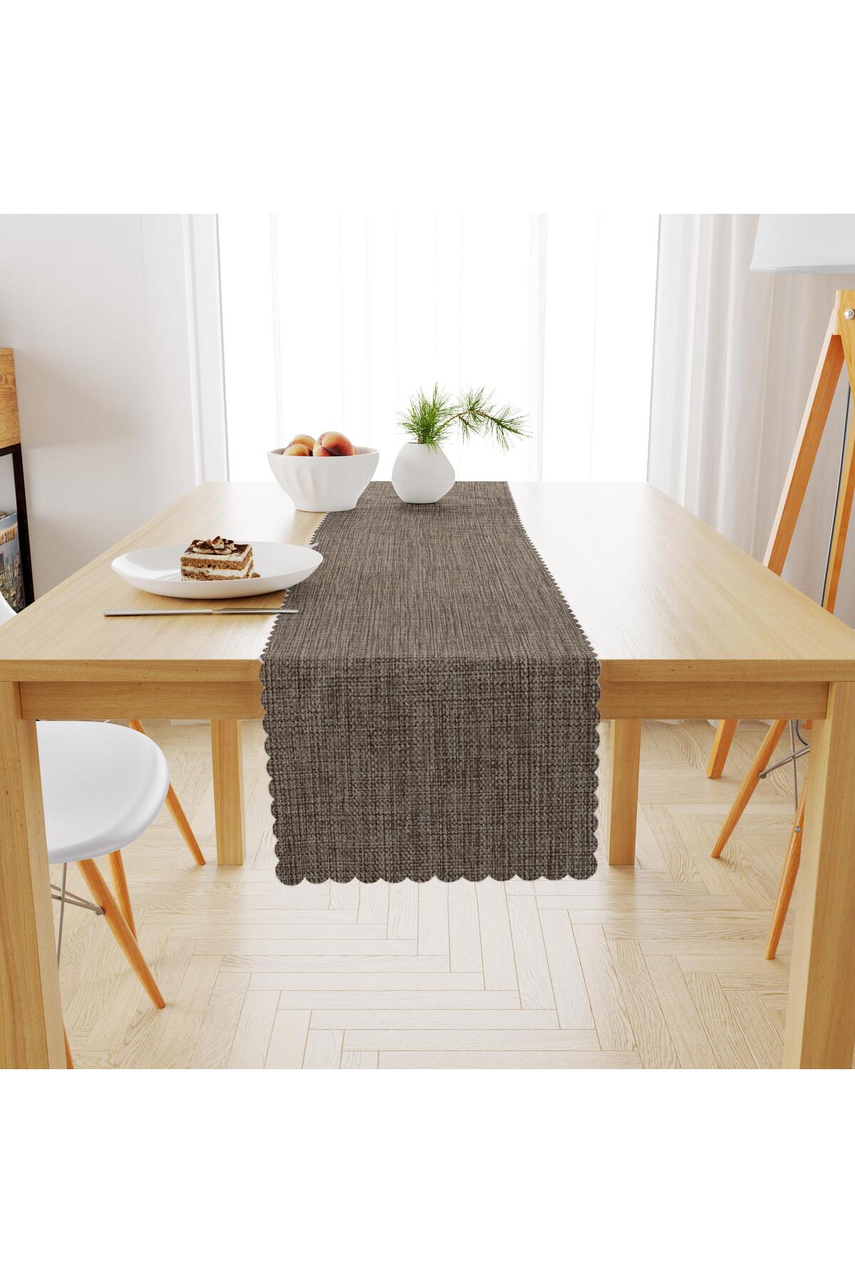 Kahve Ekru Keten Dokulu Runner 40x140 -4545-