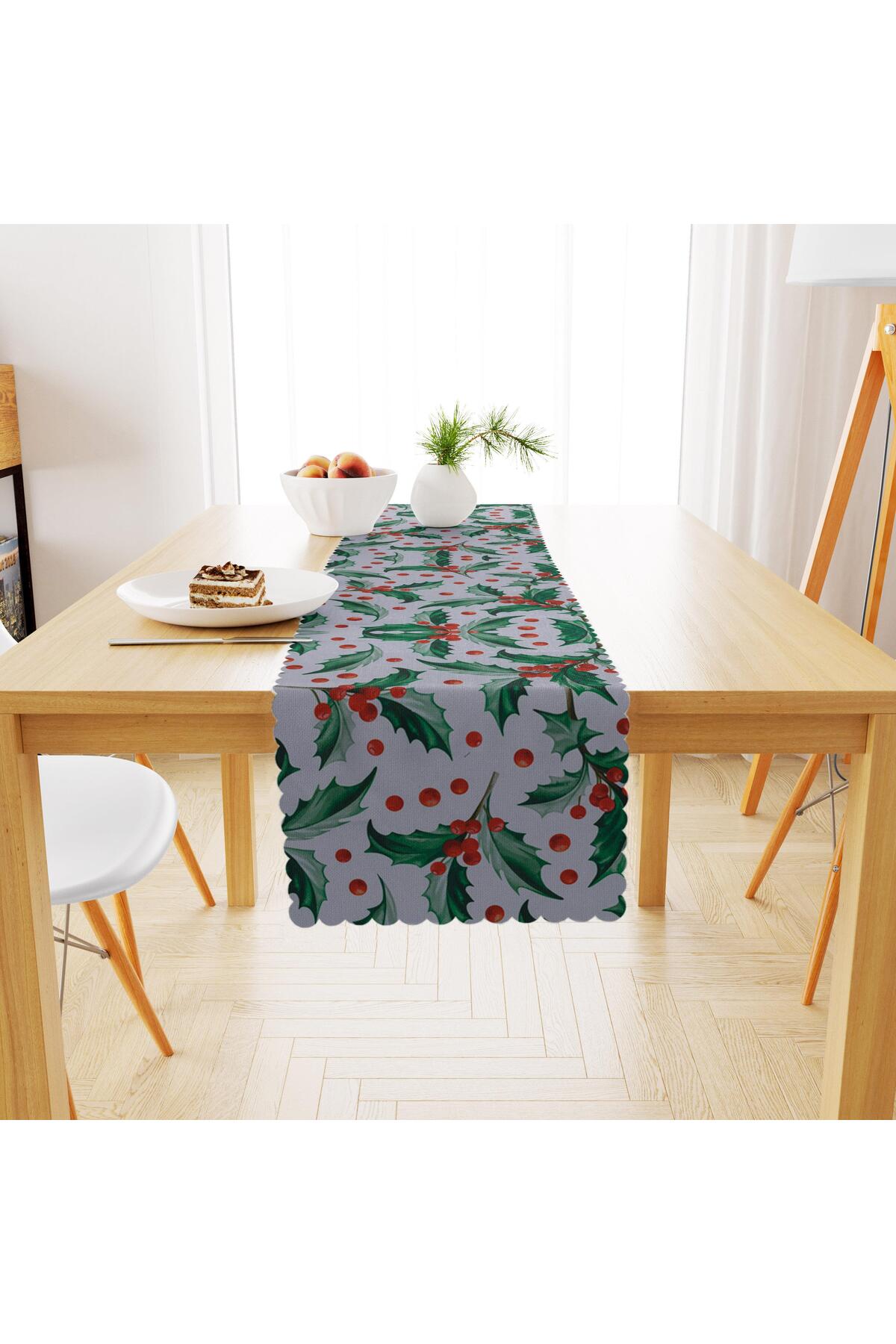 Kızılcık Desenli Yeşil Yapraklı Dijital Baskılı Petek Dokuma Runner 40x140
