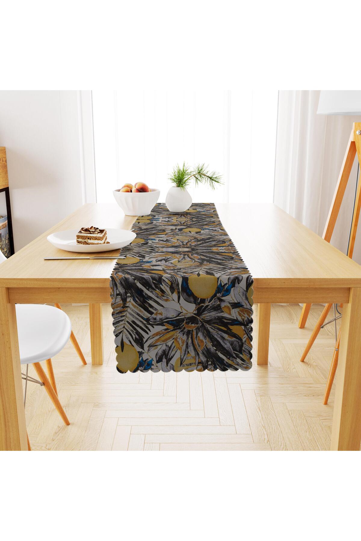 Limon Desenli Çiçekli Beyaz Zemin Dijital Baskılı Petek Dokuma Runner 40x140