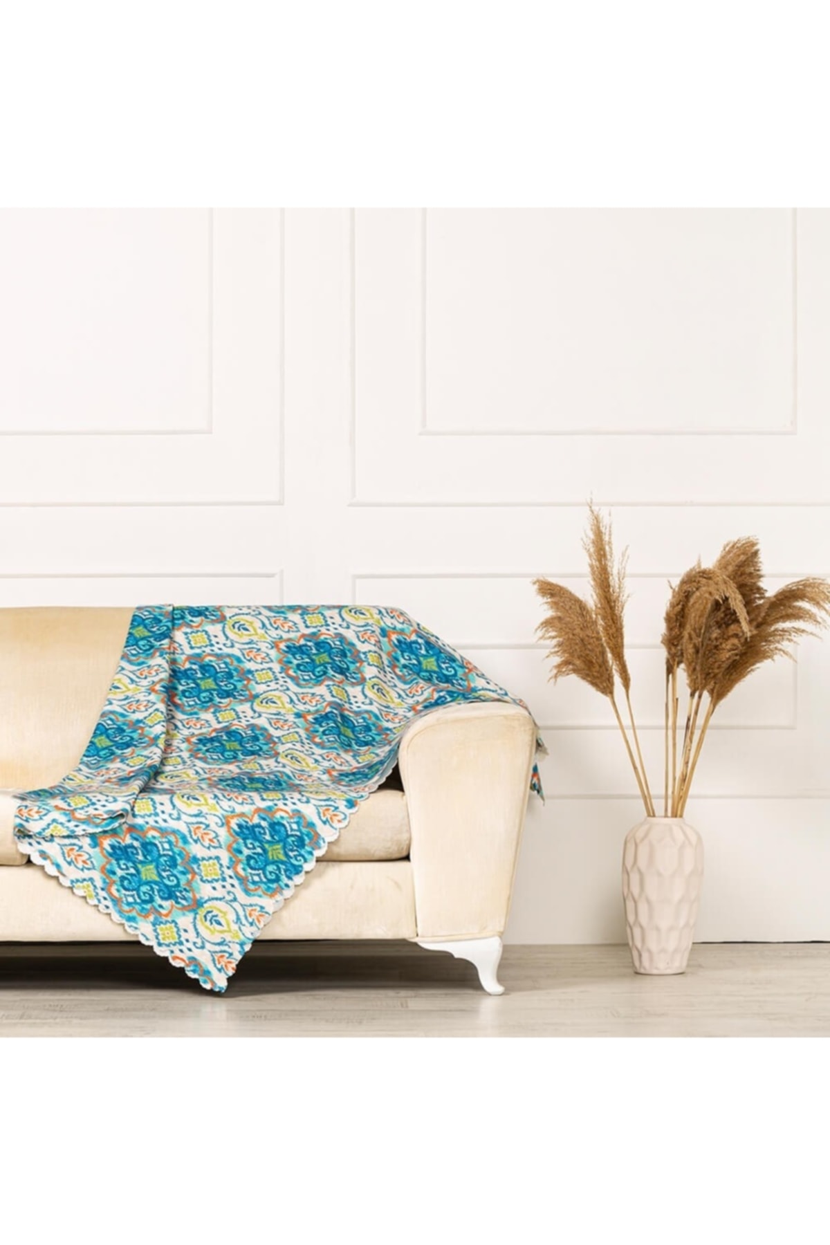 Mavi Turkuaz Renkli Modern Damask Desen Dokuma Kadife Dijital Baskılı Standart Koltuk Şalı