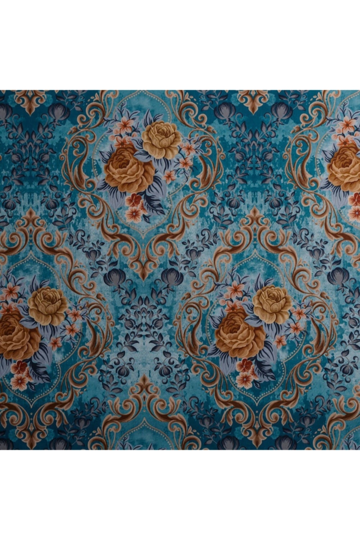 Mavi Zemin Efektli Modern Damask Desen Dijital Baskılı Süet Kumaş