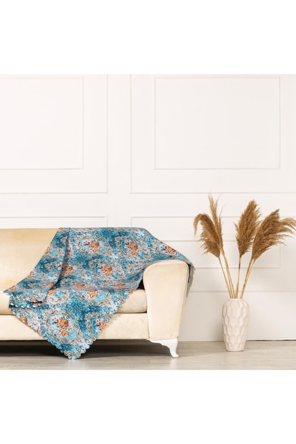 Mavi Zemin Efektli Modern Damask Desen Dokuma Kadifeşönil Koltuk Şalı Örtüsü Maxi Set (3+3+1+1)