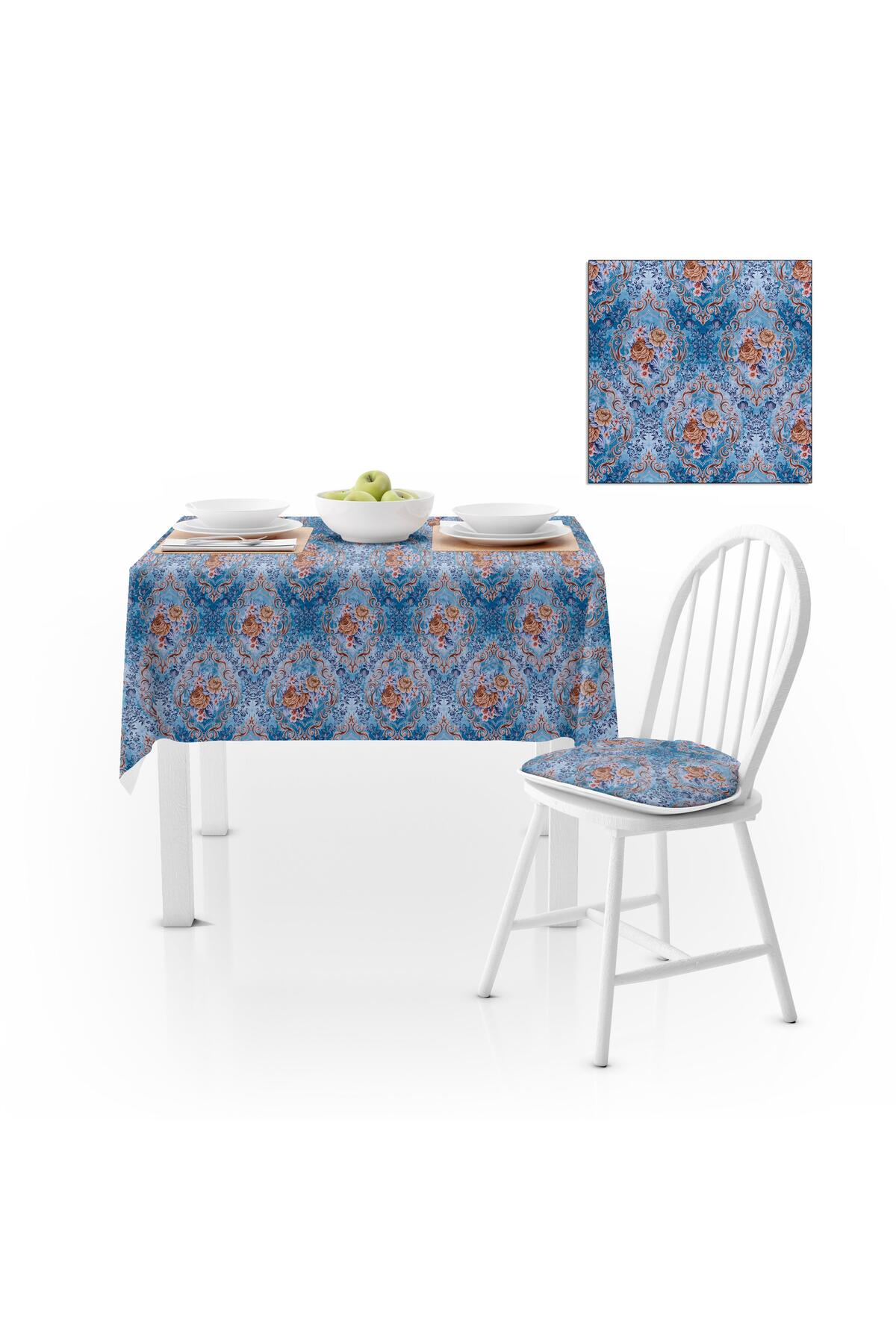 Modern Damask Desenli Mavi Kadife Dokulu 180X260 Masa Örtüsü