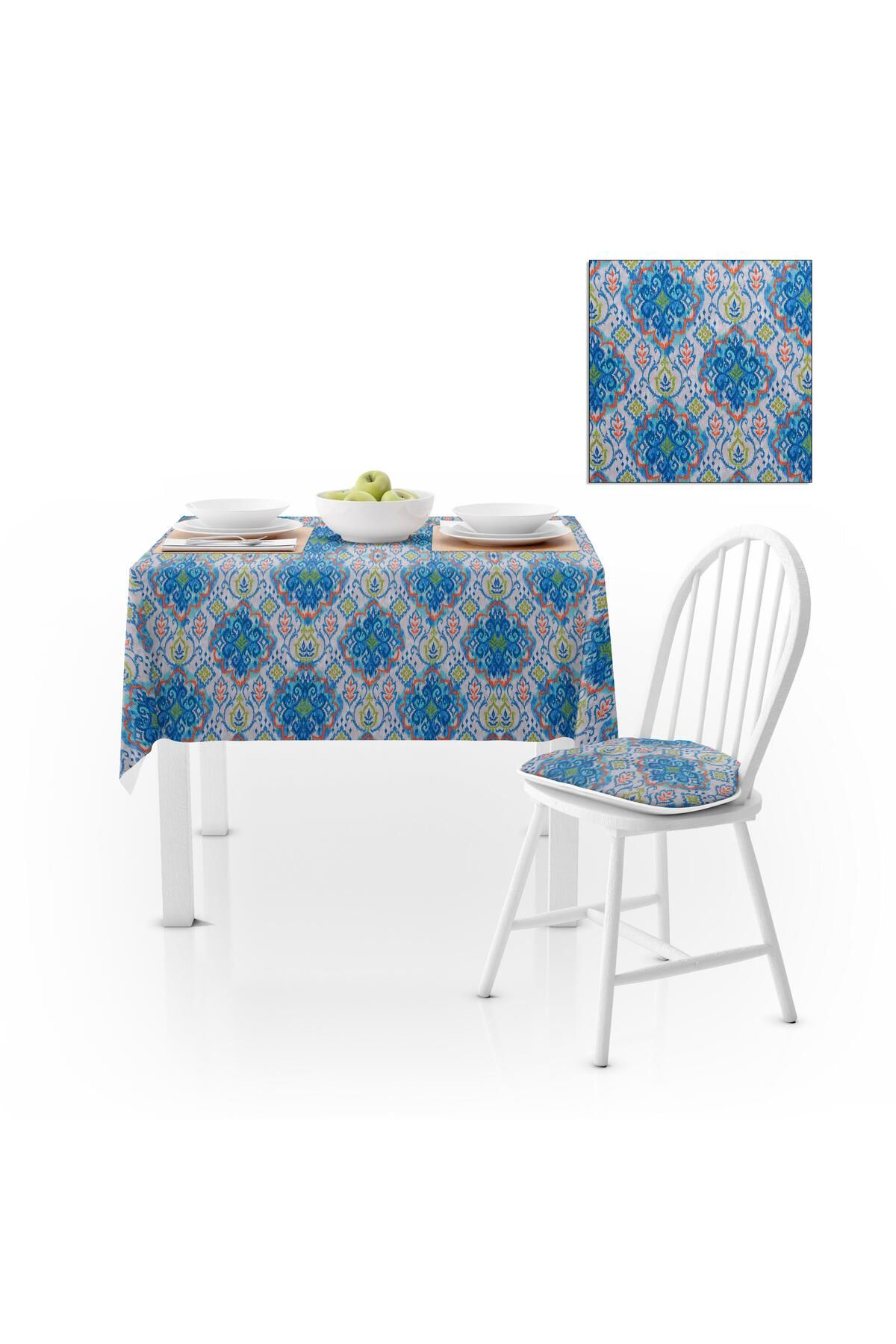 Modern Damask Desenli Mavi Turkuaz Kadife Dokulu 180X260 Masa Örtüsü