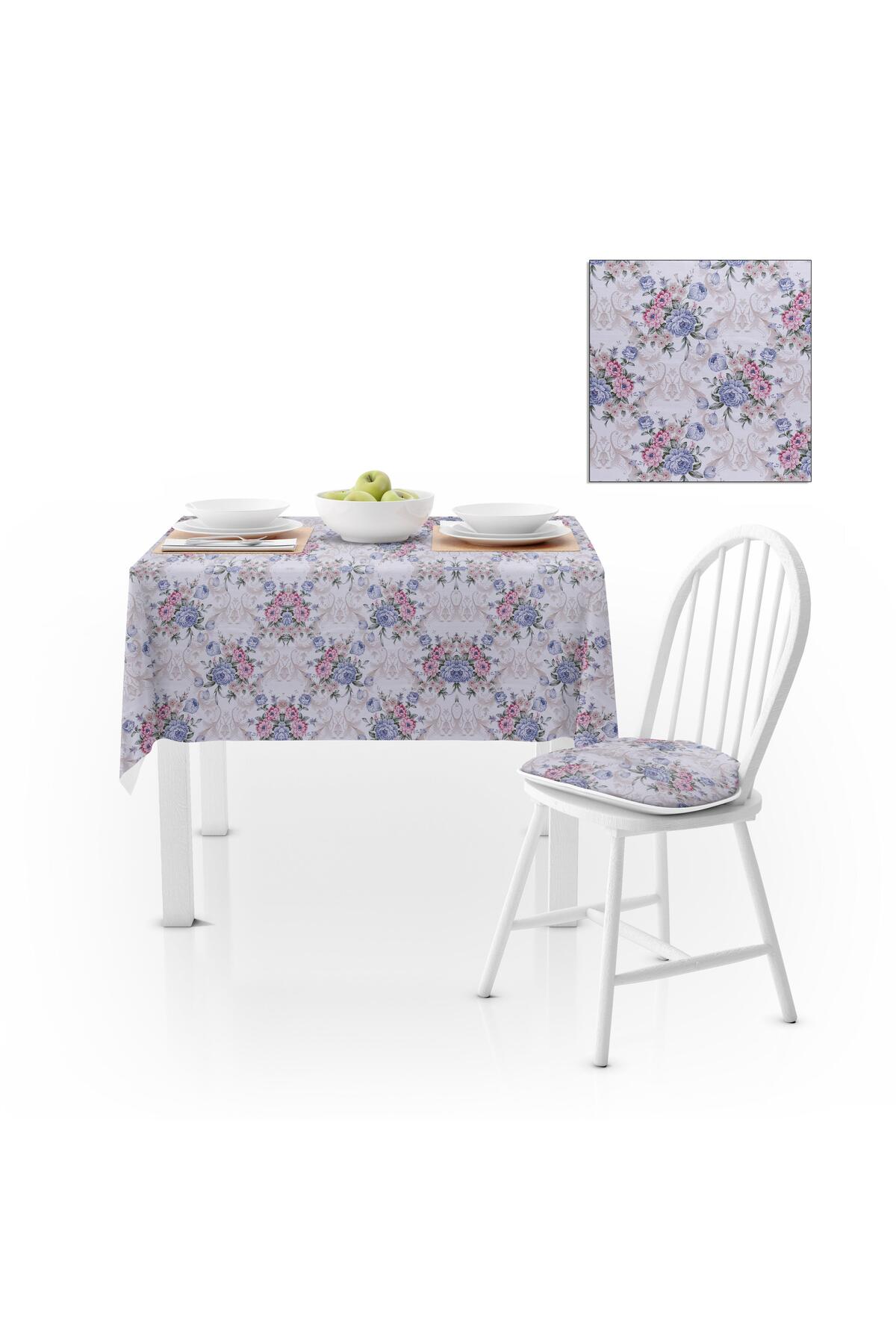 Modern Gül Deseni Mavi Kadife Dokulu 140X180 Masa Örtüsü