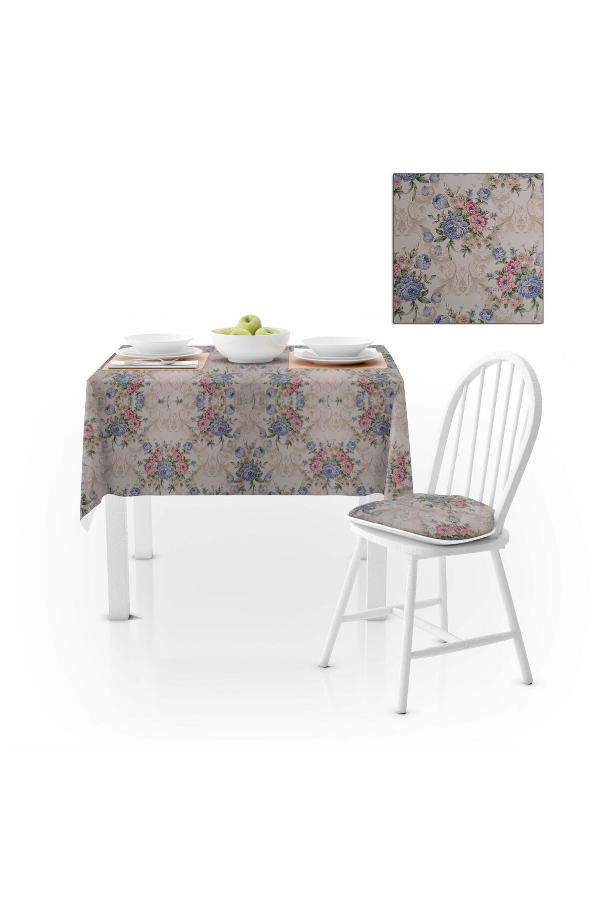 Modern Gül Desenli Mavi Dijital Baskılı Süet Dokuma Masa Örtüsü 120x140