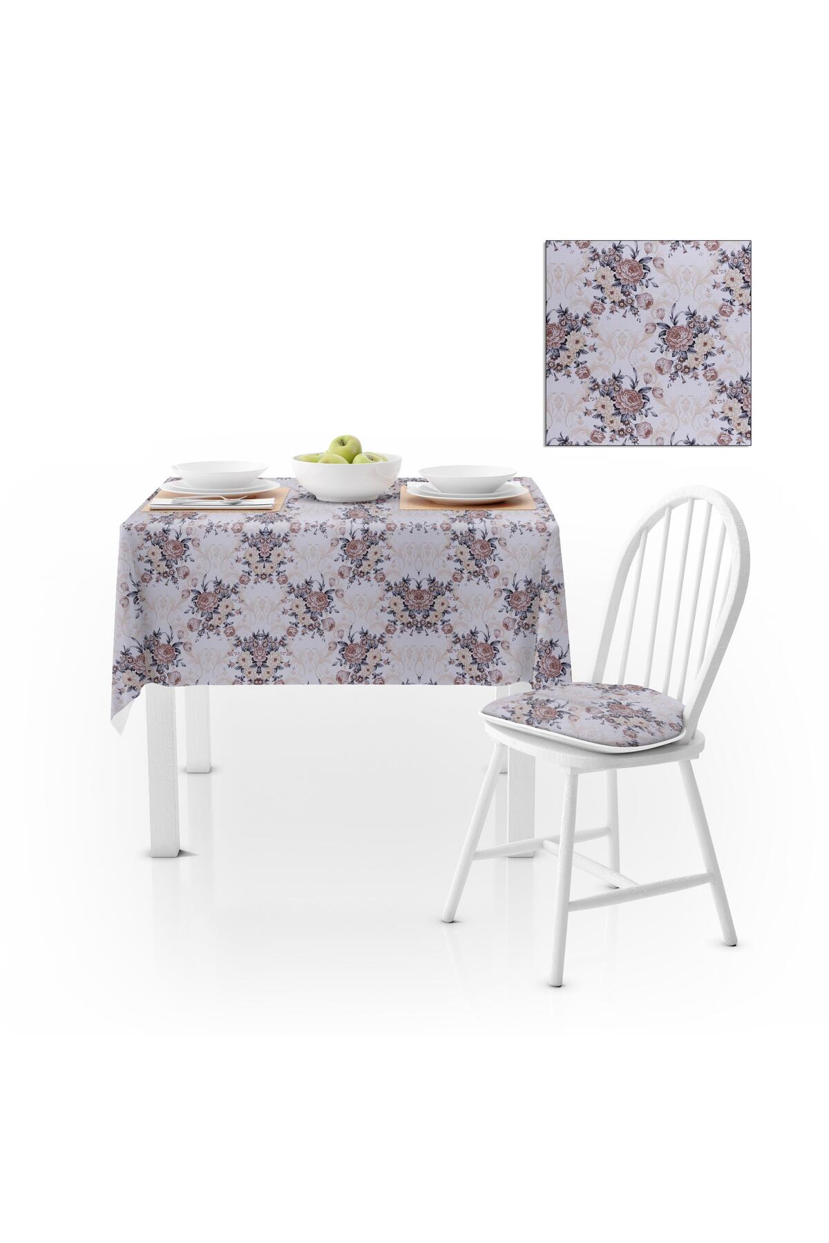 Modern Gül Yapraklı Krem Kadife Dokulu 180X180 Masa Örtüsü