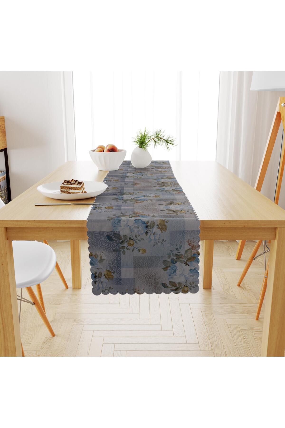 Motifli Gül Desenli Renkli Zemin Mavi Hardal Dijital Baskılı Petek Dokuma Runner 40x140
