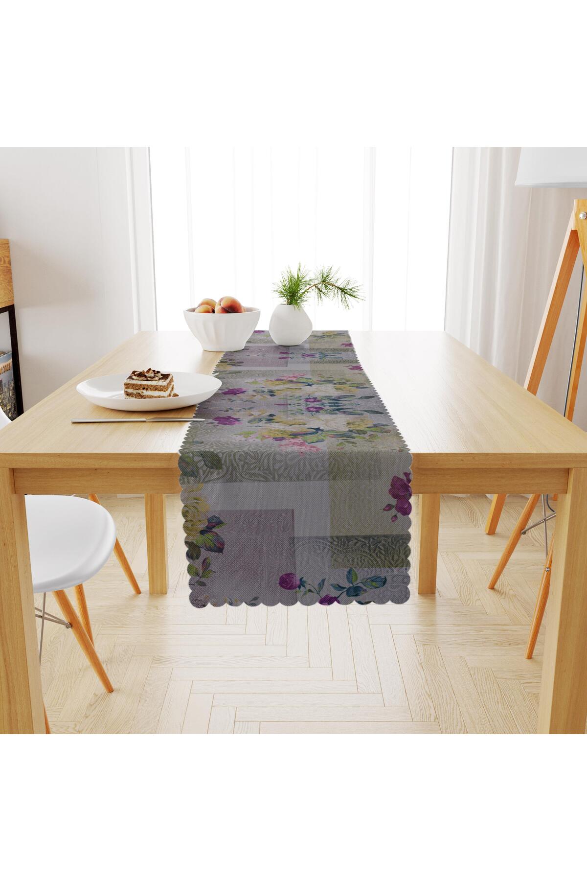 Motifli Gül Desenli Renkli Zemin Mor Hardal Dijital Baskılı Petek Dokuma Runner 40x140