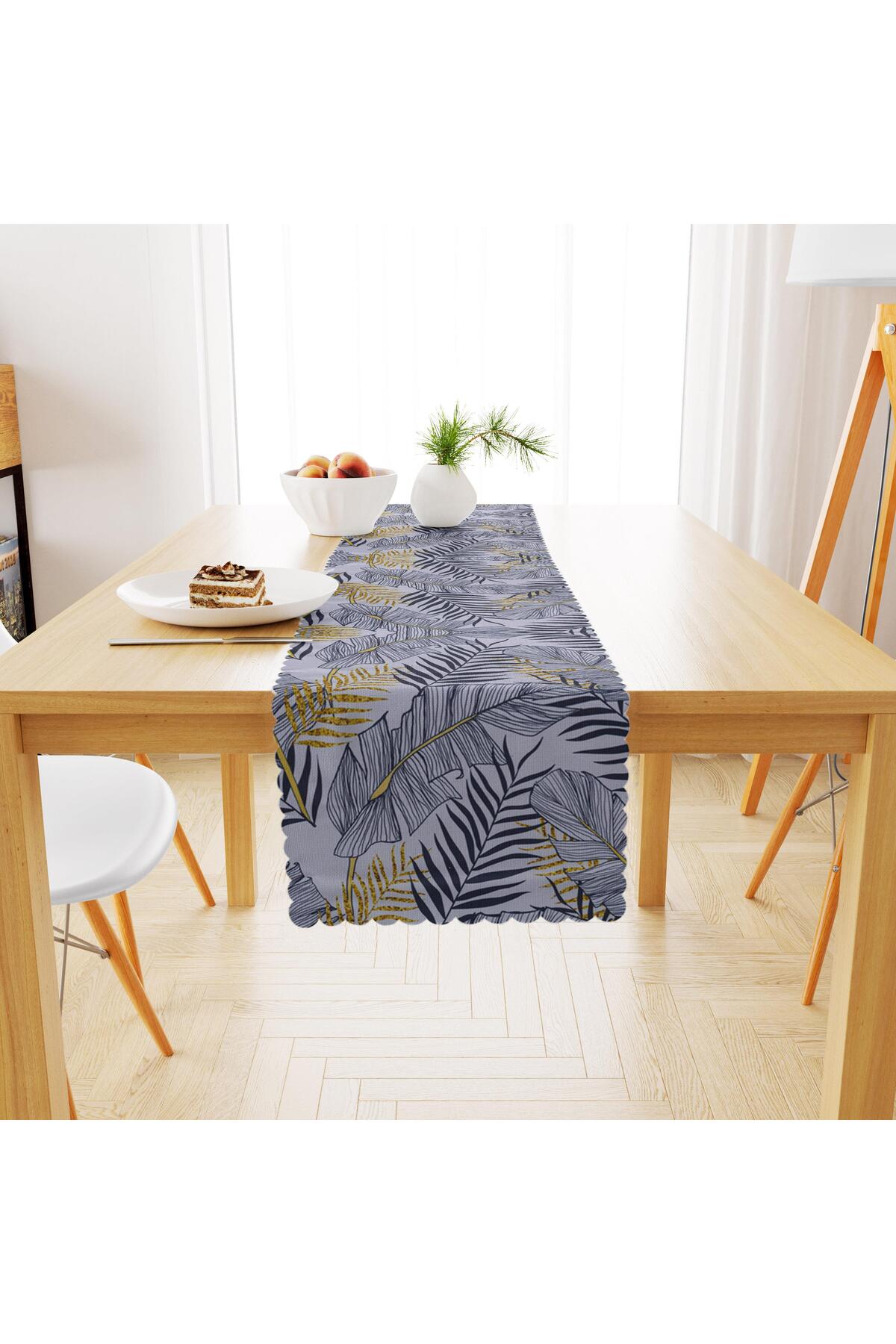 Palmiye Desenli Sarı Gri Dijital Baskılı Petek Dokuma Runner 40x140
