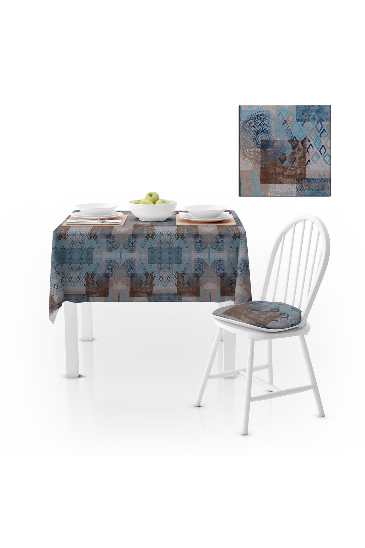 Patchwork Desenli Motifli Mavi Lacivert Runner Dijital Baskılı Petek Dokuma Masa Örtüsü 140x180