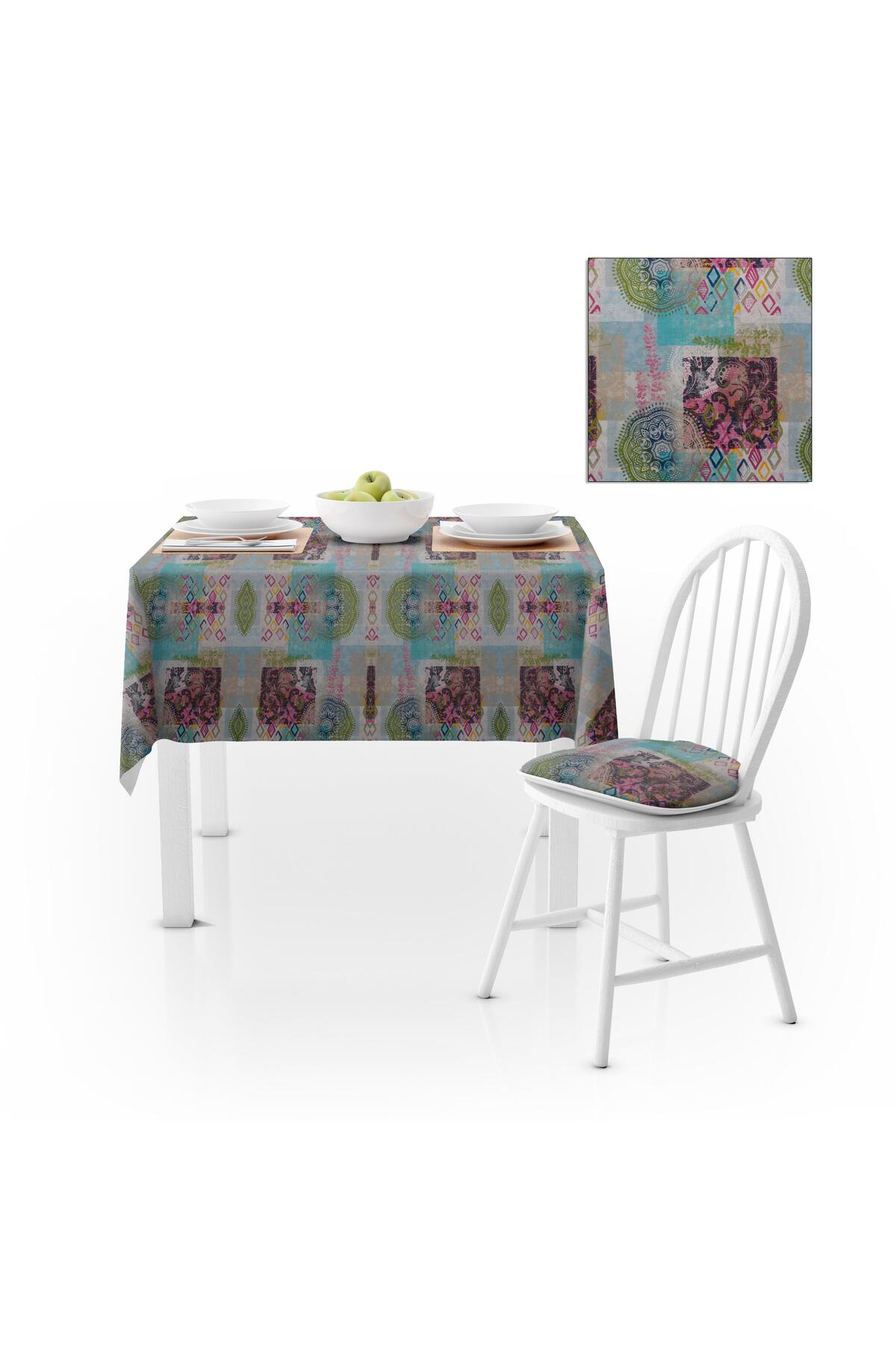 Patchwork Desenli Motifli Turkuaz Pembe Dijital Baskılı Petek Dokuma Masa Örtüsü 120x140