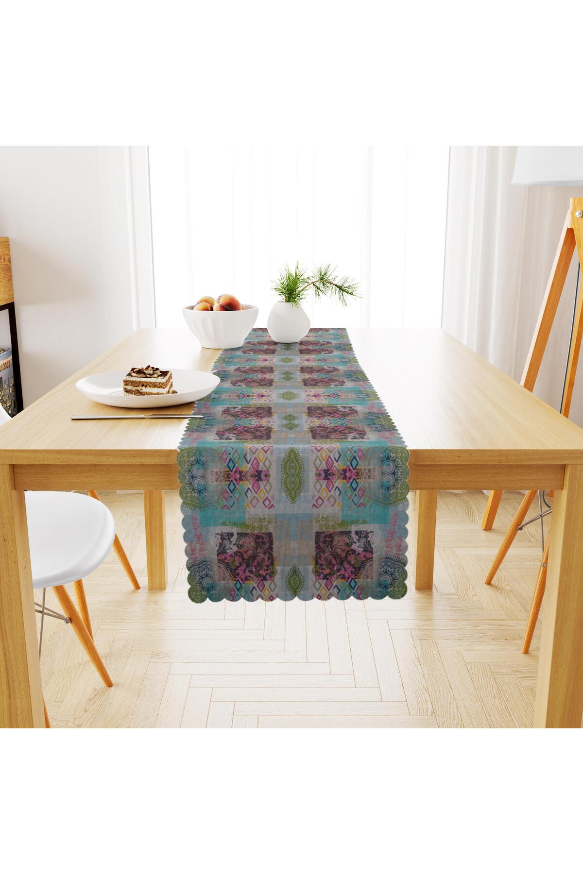 Patchwork Desenli Motifli Turkuaz Pembe Dijital Baskılı Petek Dokuma Runner 40x140