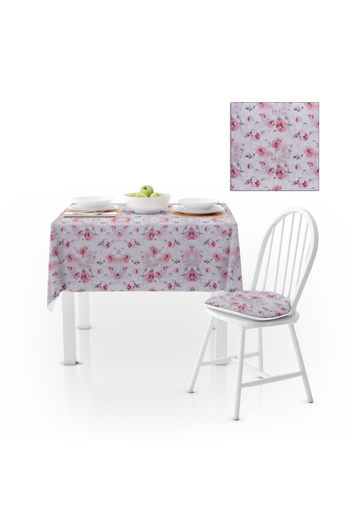Renkli Desenli Beyaz Gül Kurusu Kadife Dokulu 180X220 Masa Örtüsü