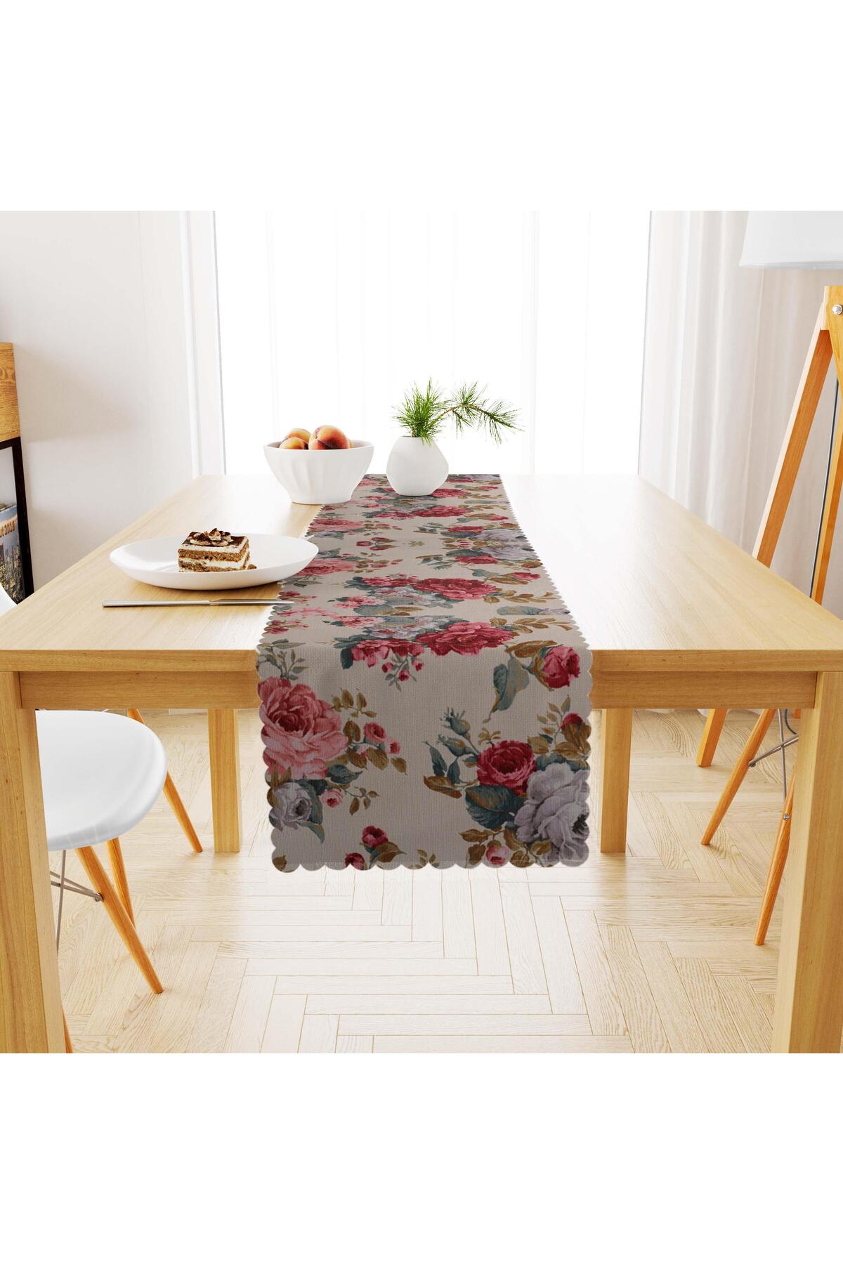 Renkli Desenli Krem Zemin Pudra Gri Dijital Baskılı Süet Dokuma Runner 40x140