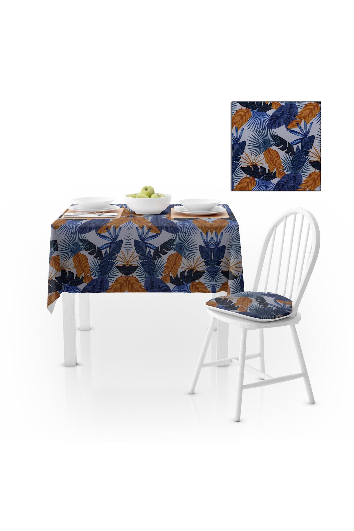 Renkli Desenli Modern Lacivert Taba Dijital Baskılı Petek Dokuma Masa Örtüsü 140x140