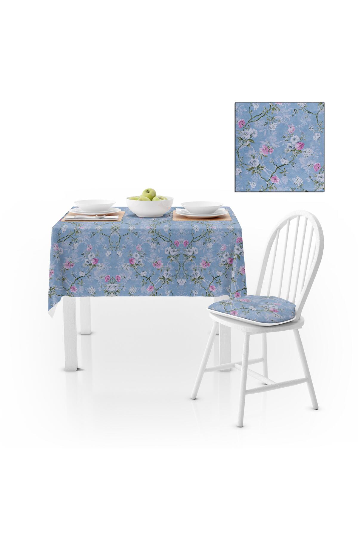 Sarmaşık Çiçek Desenli Mavi Pembe Kadife Dokulu 180X220 Masa Örtüsü