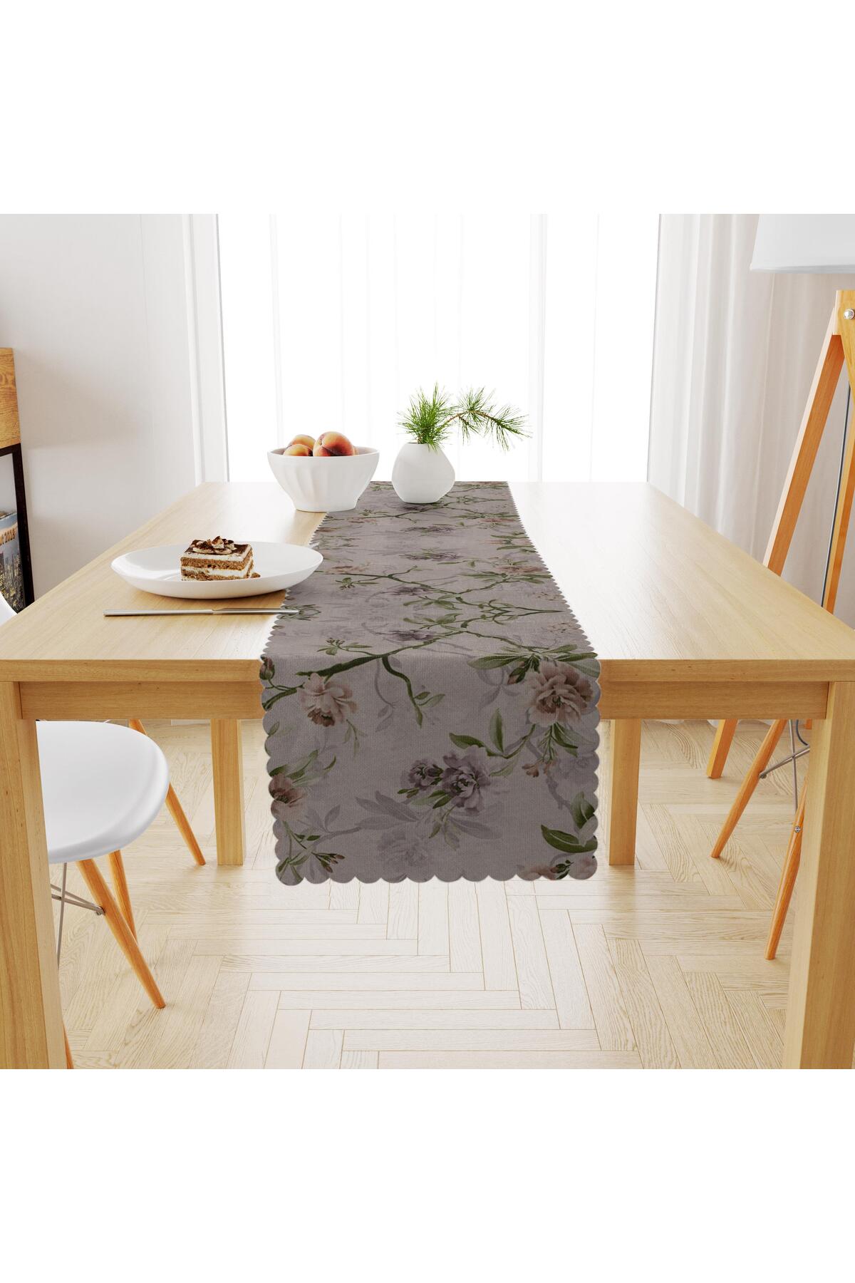 Sarmaşık Çiçek Desenli Vizon Zemin Yeşil Yaprak Dijital Baskılı Petek Dokuma Runner 40x140