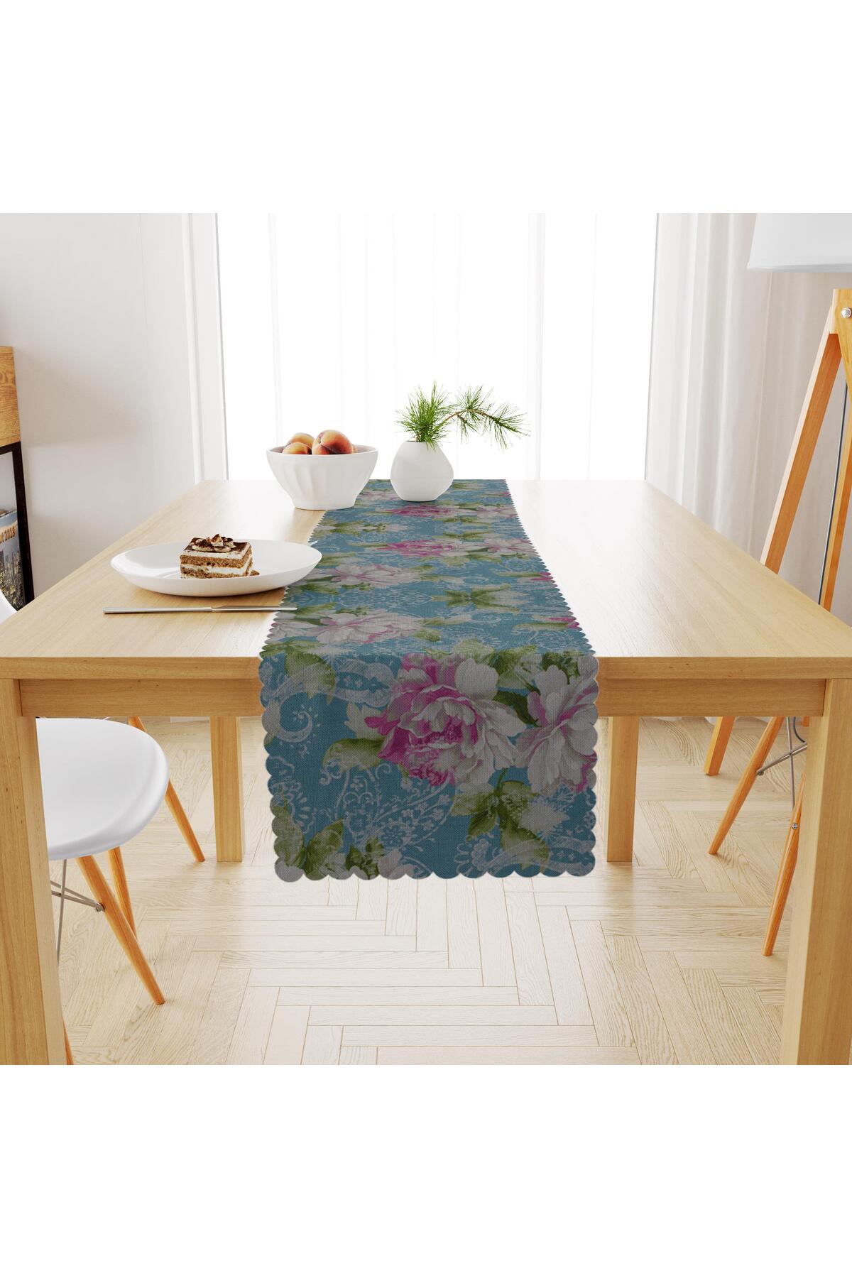 Sarmaşık Gül Desenli Mavi Zemin Pembe Yeşil Dijital Baskılı Petek Dokuma Runner 40x140