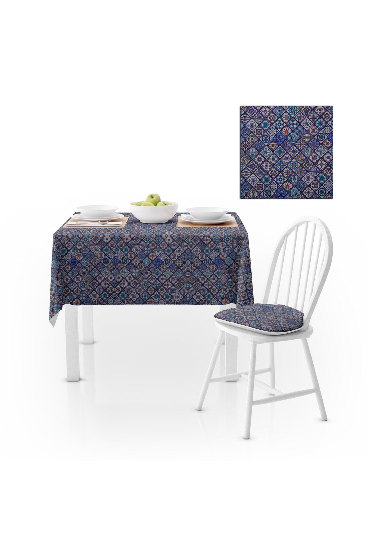 Seramik Desenli Mavi Modern Dijital Baskılı Petek Dokuma Masa Örtüsü 140x260