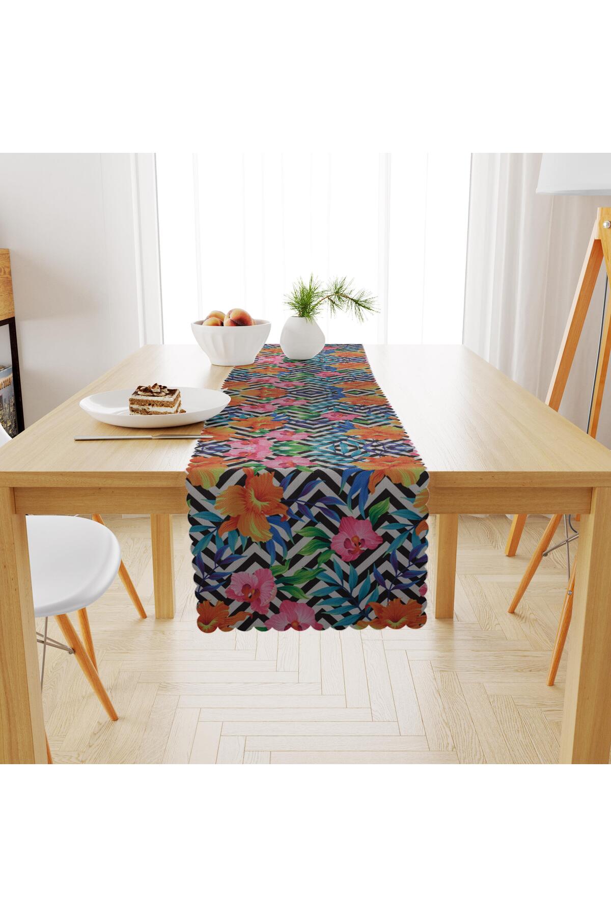 Siyah Beyaz Zigzag Desenli Pembe Turuncu Dijital Baskılı Petek Dokuma Runner 40x140