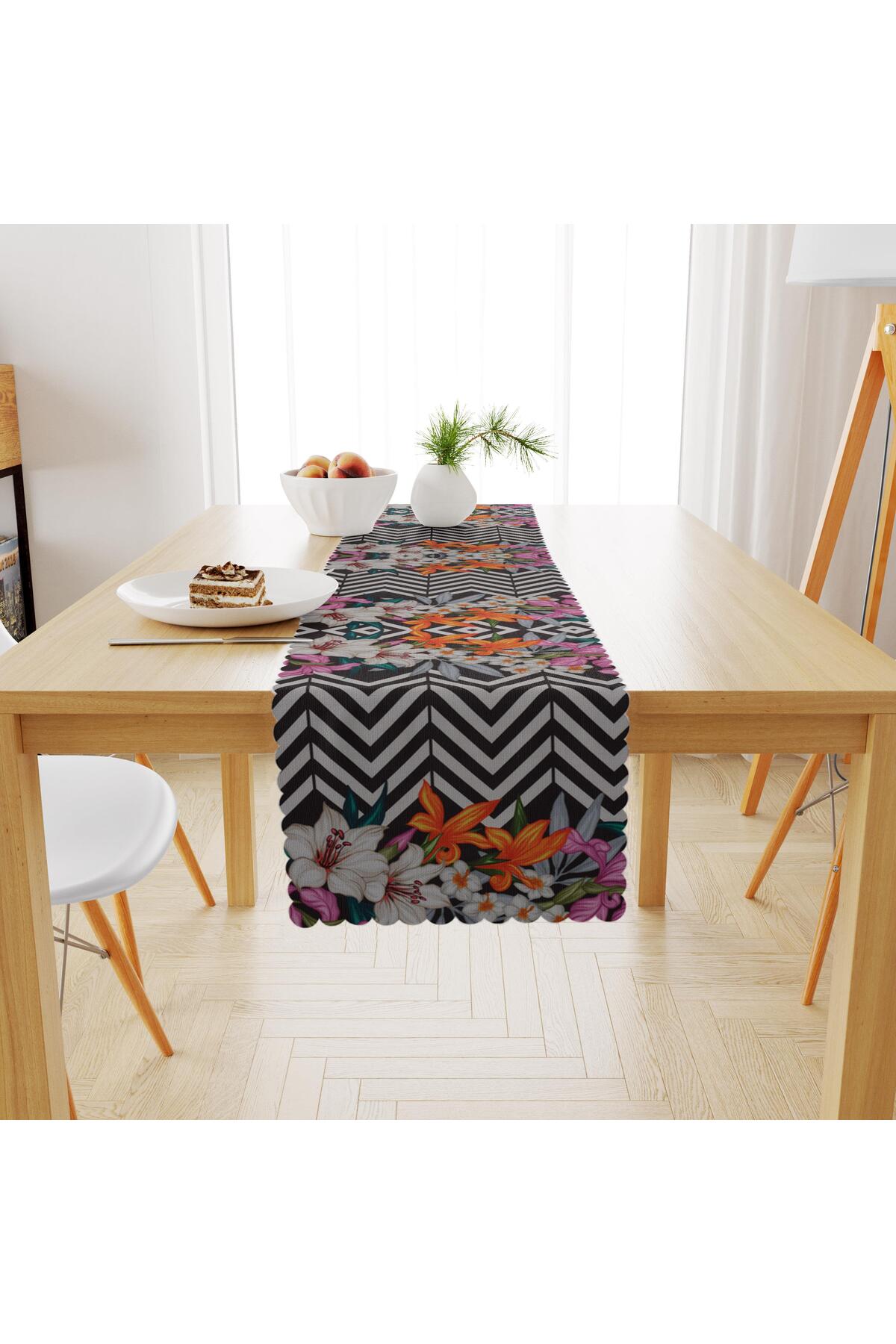Siyah Beyaz Zigzag Zambak Desenli Turuncu Mürdüm Dijital Baskılı Petek Dokuma Runner 40x140