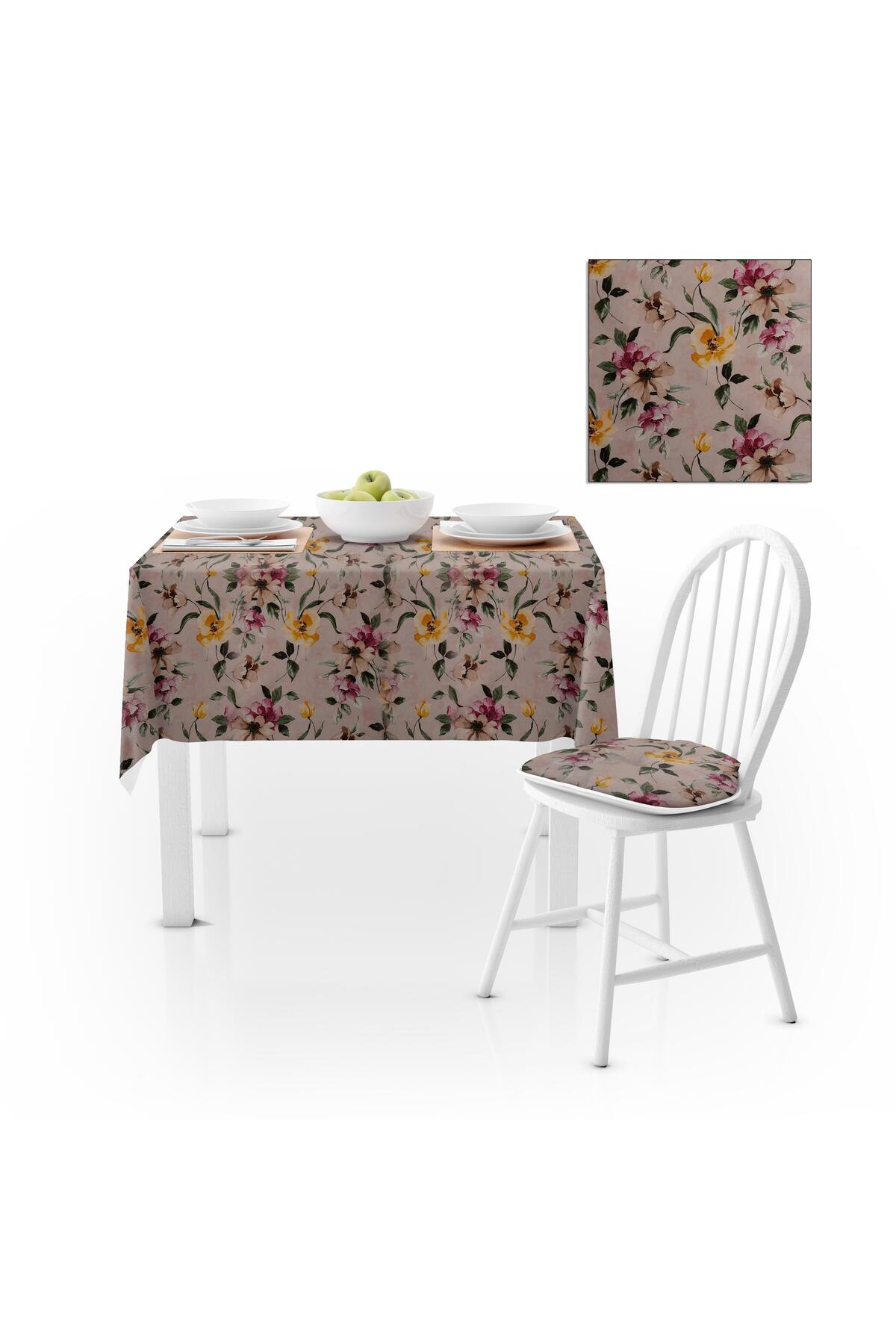 Sulu Boya Desenli Çiçekli Sarı Vizon Dijital Baskılı Süet Dokuma Masa Örtüsü 140x140