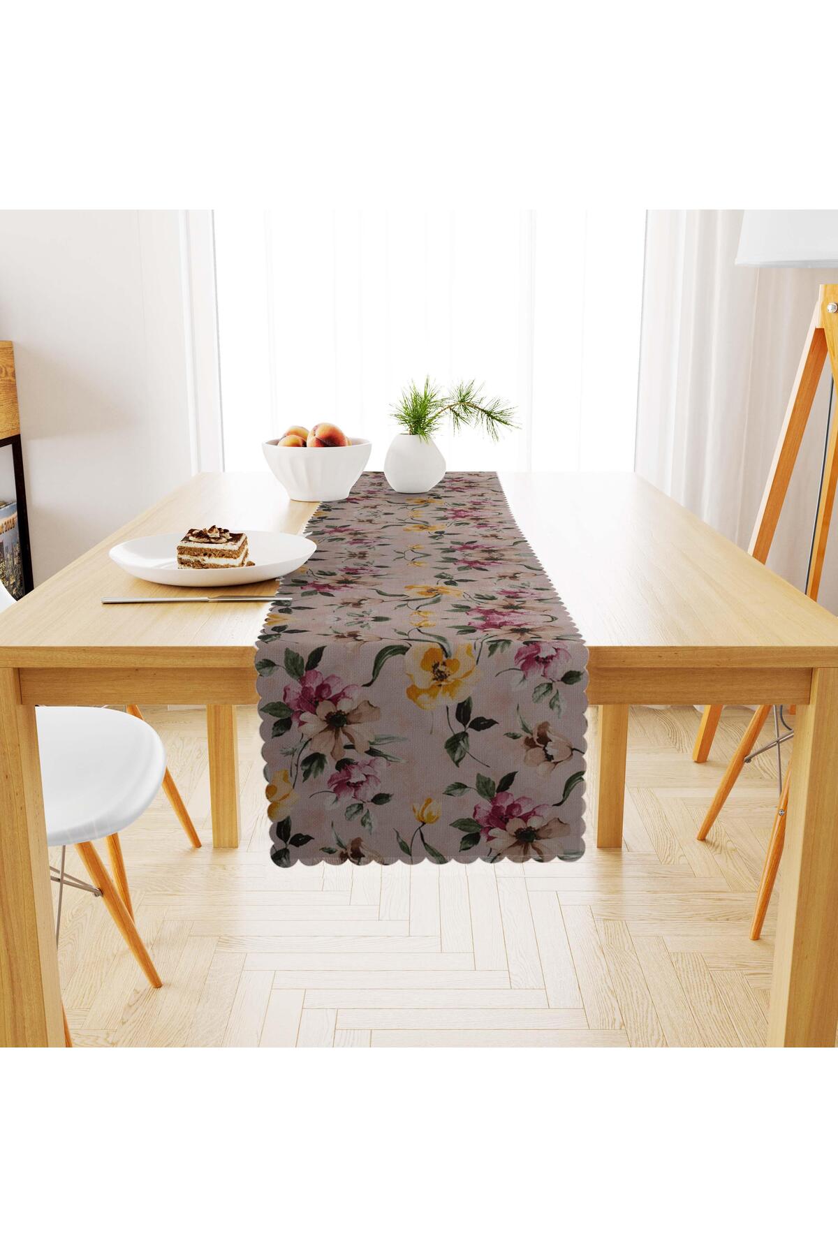 Sulu Boya Desenli Çiçekli Sarı Vizon Dijital Baskılı Süet Dokuma Runner 40x140