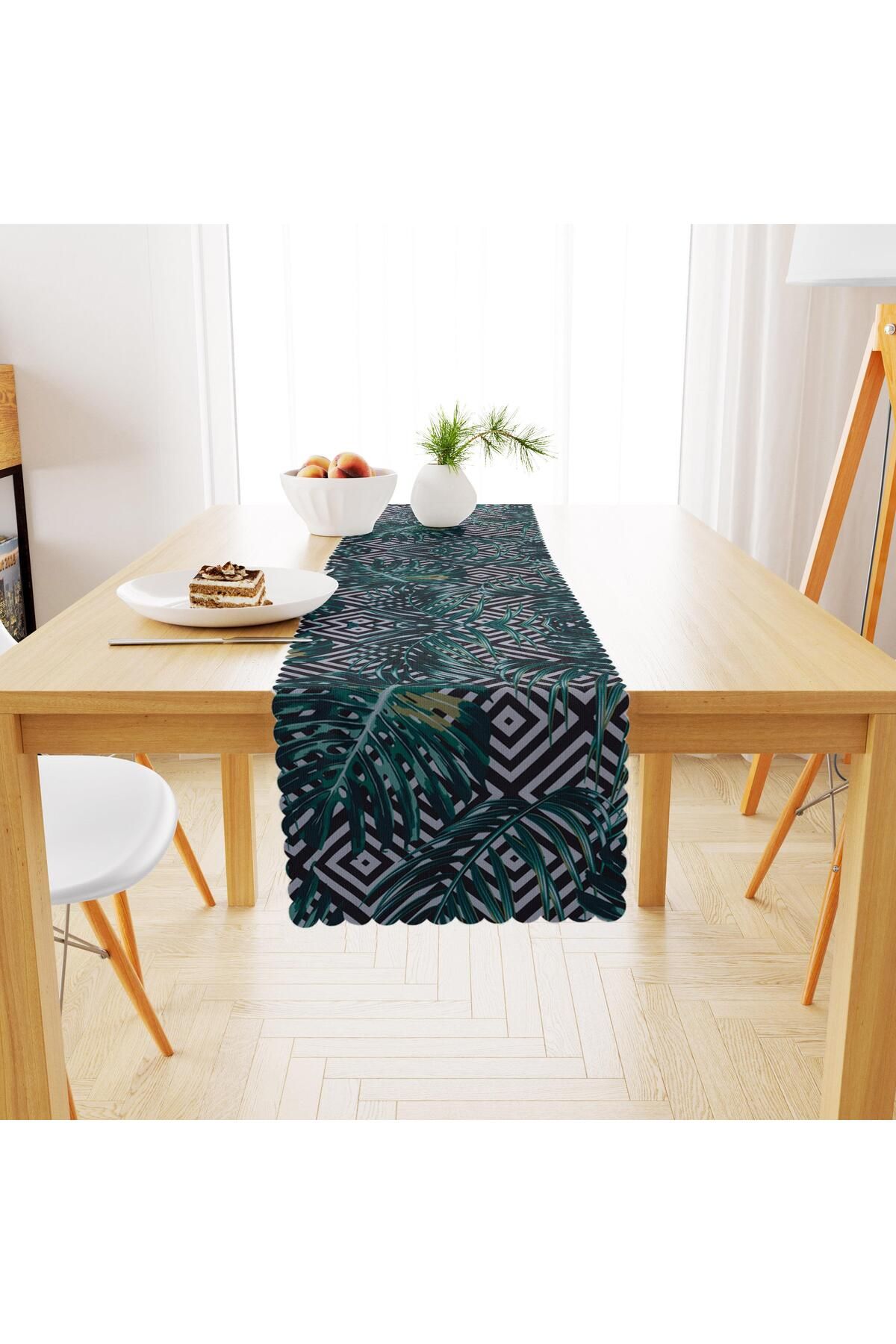 Tropikal Çiçek Desenli Siyah Beyaz Çizgili Dijital Baskılı Petek Dokuma Runner 40x140