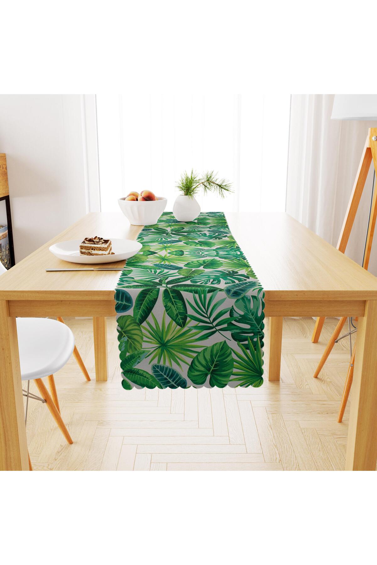 Tropikal Desenli Yeşil Yapraklı Dijital Baskılı Petek Dokuma Runner 40x140