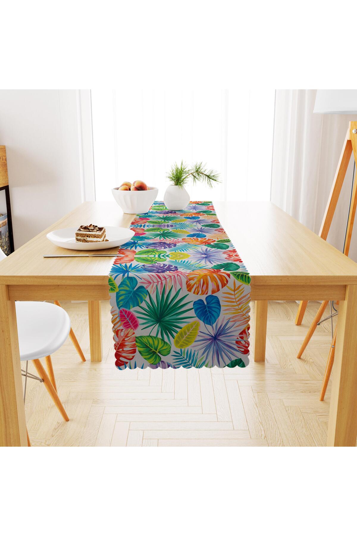 Tropikal Yaprak Desenli Siyah Beyaz Dijital Baskılı Petek Dokuma Runner 40x140