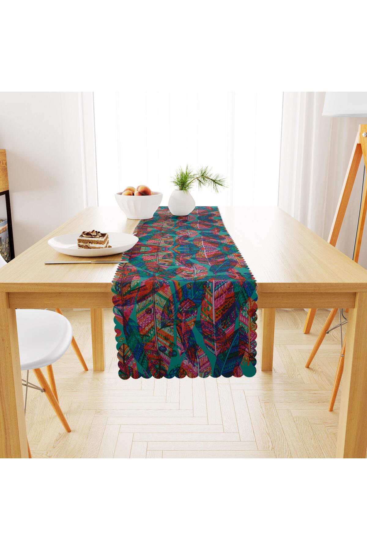 Uzun Yaprak Desenli Kırmızı Dijital Baskılı Petek Dokuma Runner 40x140