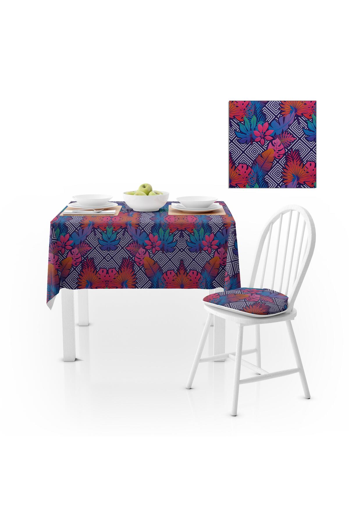 Yaprak Desenli Dekoratif Geometrik Zemin Renkli Dijital Baskılı Petek Dokuma Masa Örtüsü 140x180