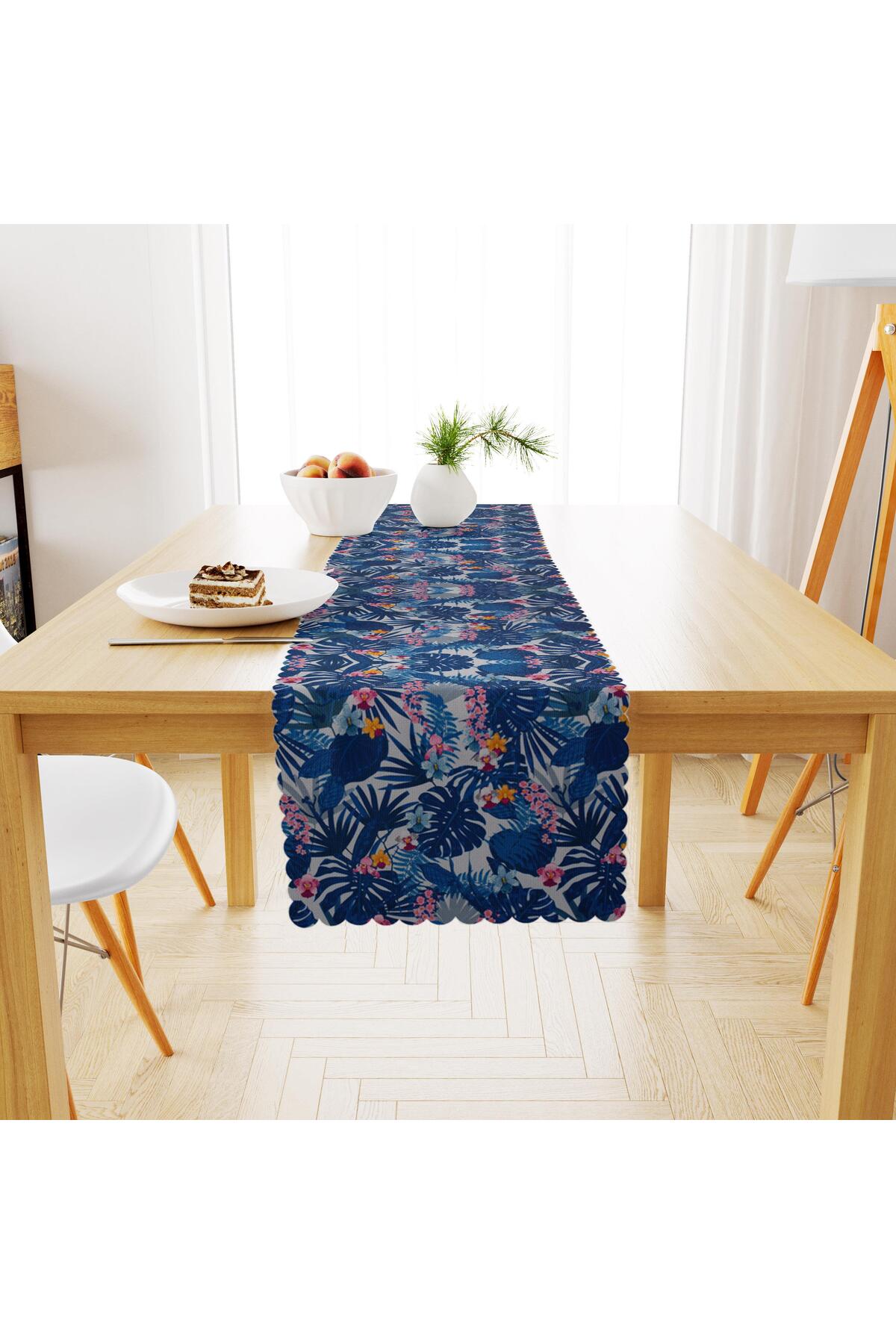Yaprak Desenli Lacivert Dijital Baskılı Petek Dokuma Runner 40x140