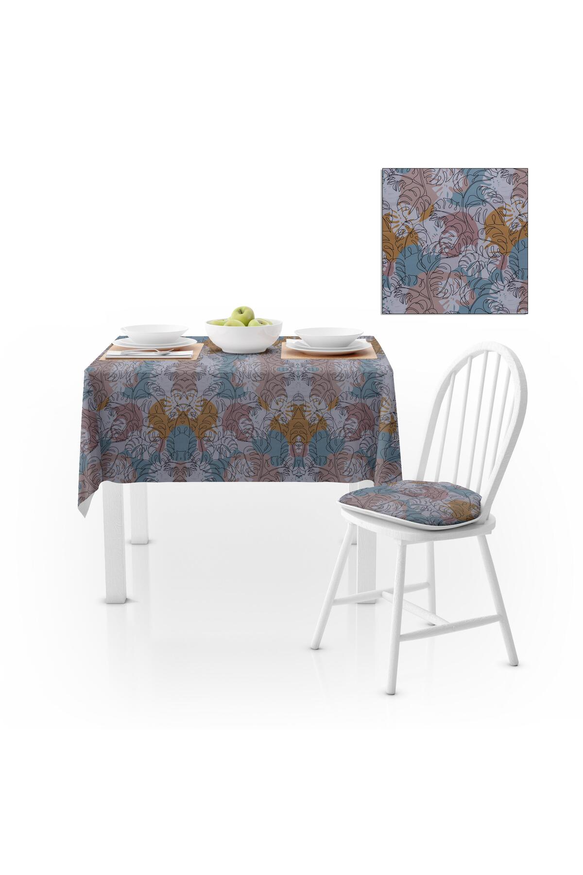 Yaprak Desenli Modern Renk Beyaz Dijital Baskılı Petek Dokuma Masa Örtüsü 140x140