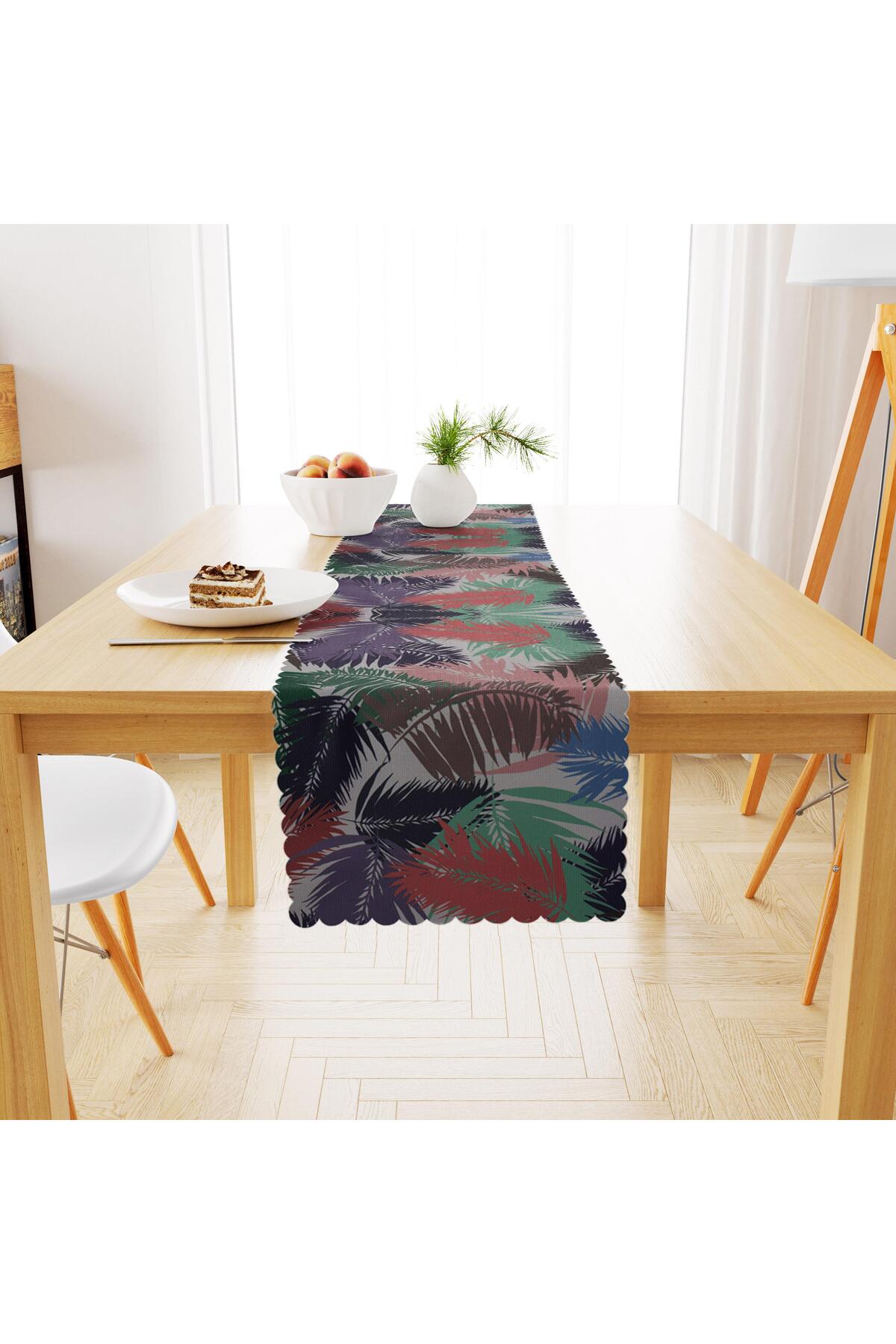 Yaprak Desenli Mor Mavi Dijital Baskılı Petek Dokuma Runner 40x140