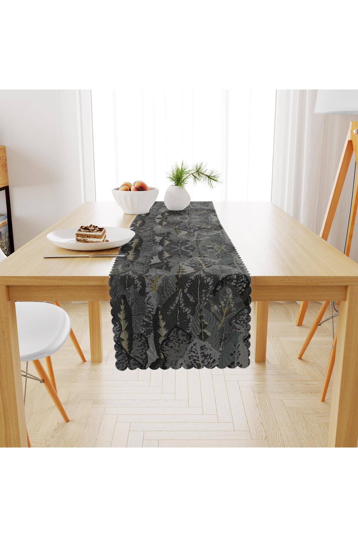Yaprak Desenli Siyah Gri Dijital Baskılı Petek Dokuma Runner 40x140
