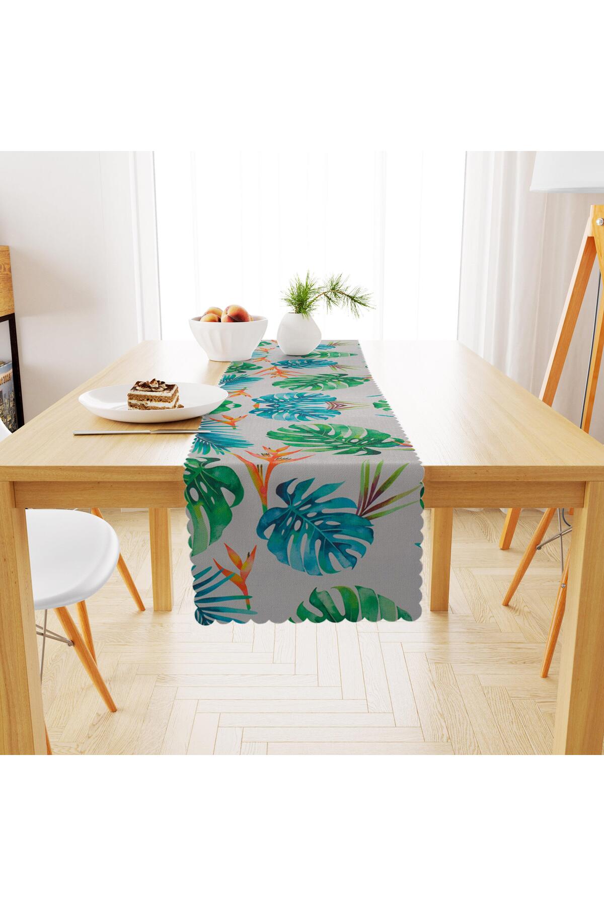 Yaprak Desenli Turuncu Yeşil Beyaz Dijital Baskılı Petek Dokuma Runner 40x140