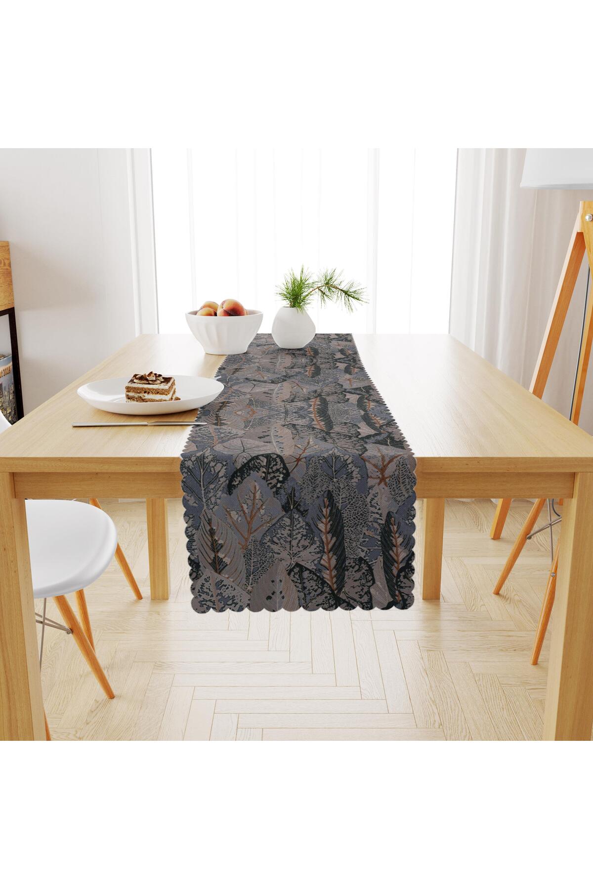 Yaprak Desenli Vizon Antrasit Dijital Baskılı Petek Dokuma Runner 40x140